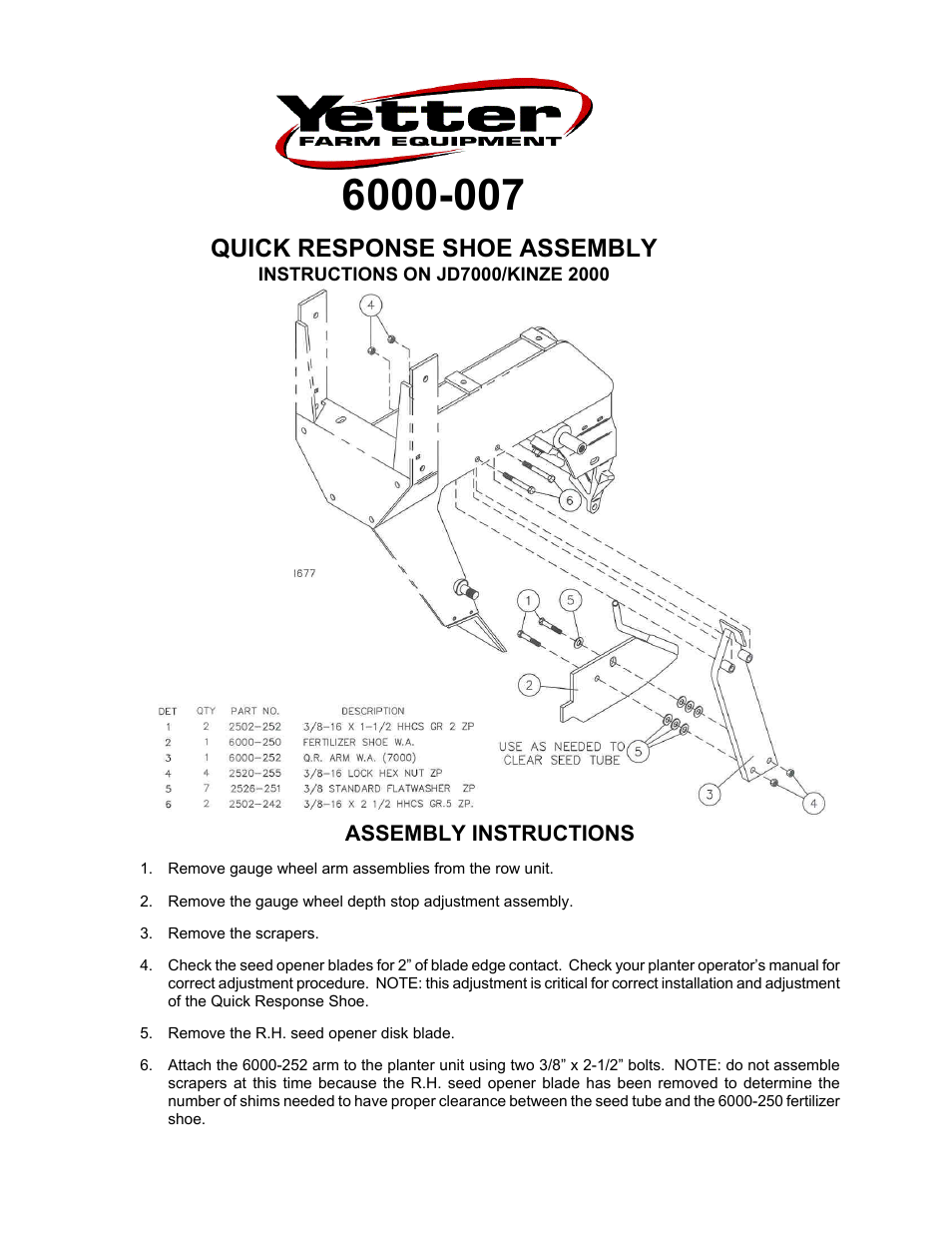 6000-007 Quick Response Shoe Assembly - JD7000/ Kinze 2000