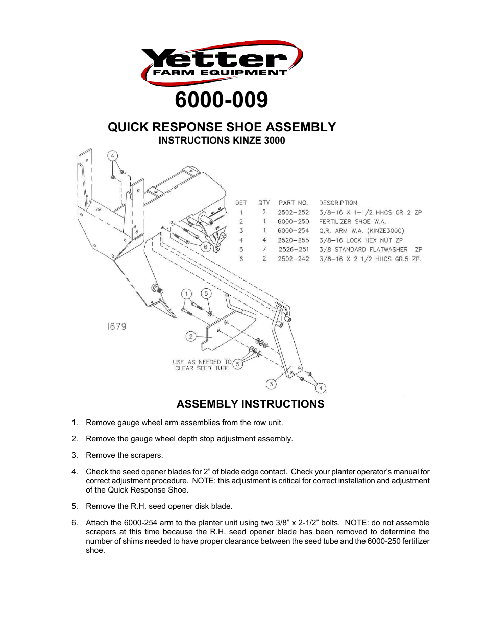 6000-009 Quick Response Shoe Assembly - Kinze 3000