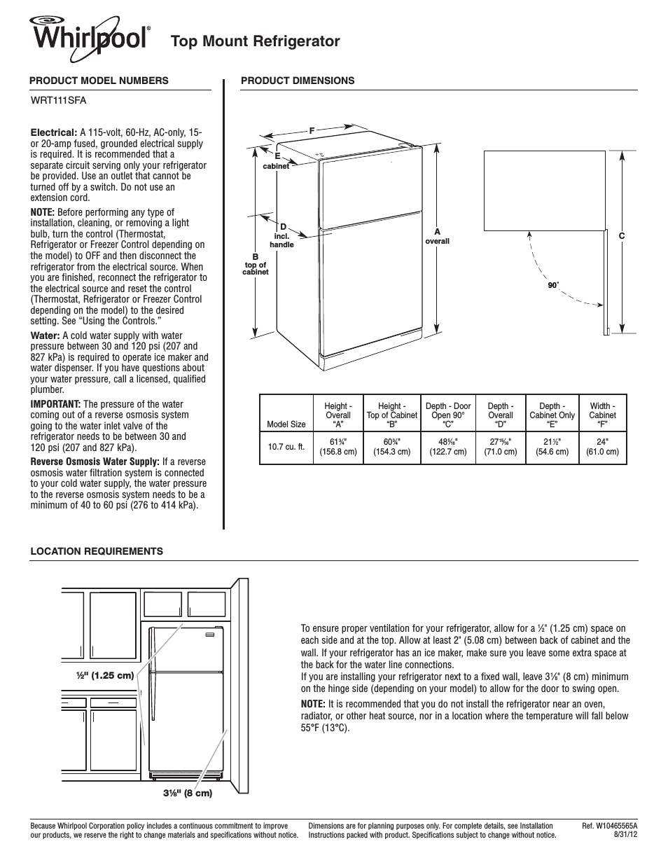 WRT111SFAB Dimension Guide