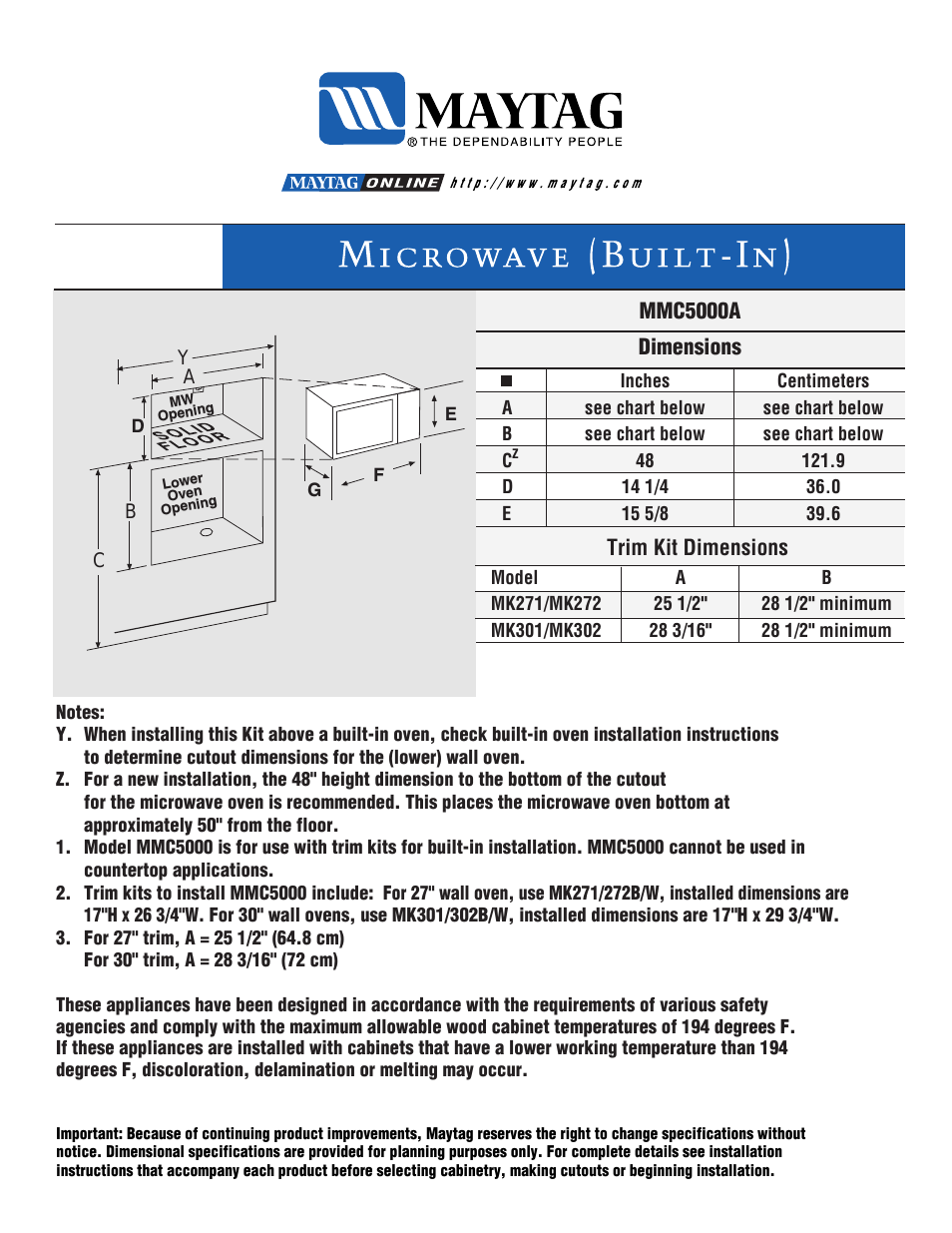 MMV5000ADW Dimension Guide