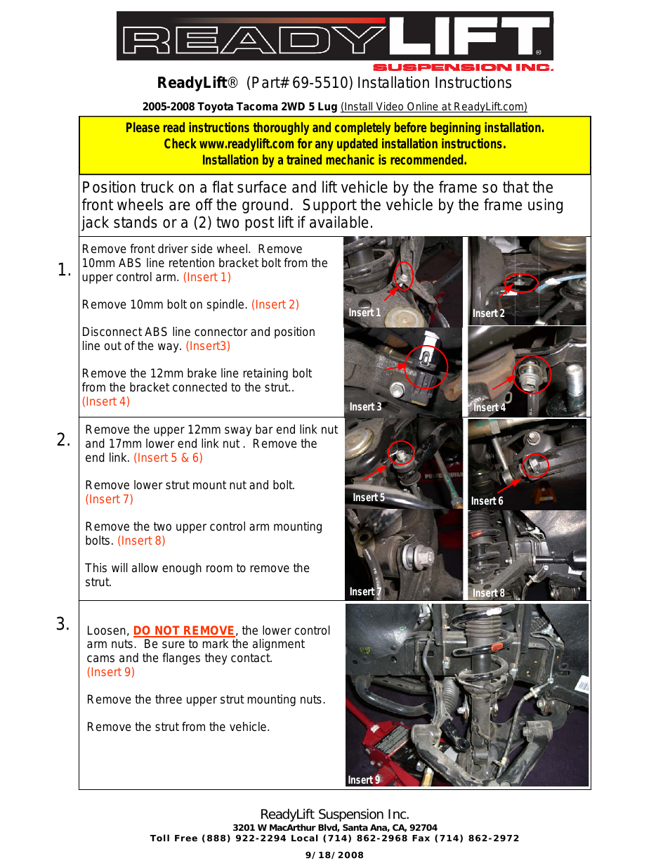 Toyota Tacoma 5-Lug SST Lift Kit, 2005-2014, 2WD - 2.75F/1.75"R"