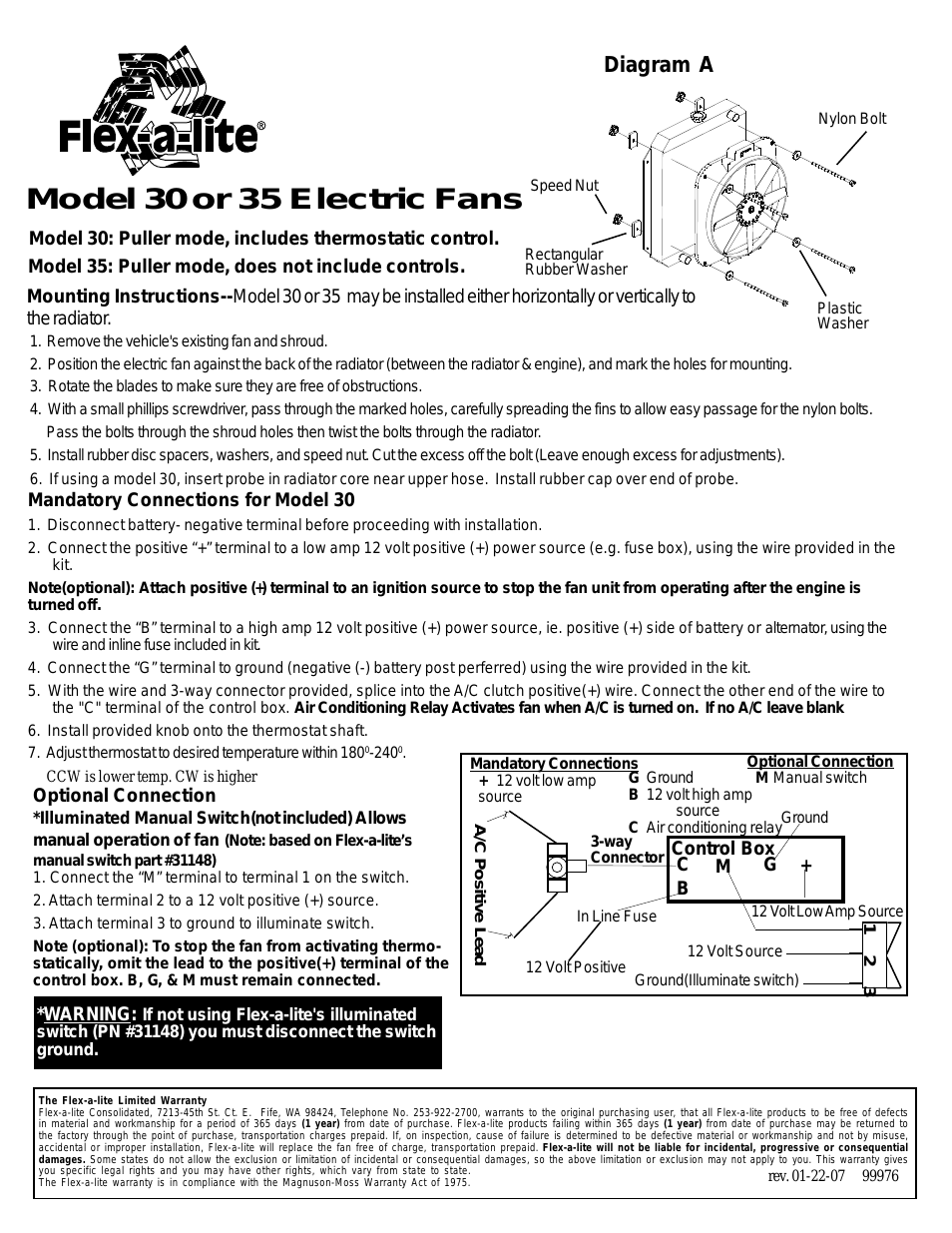 30 Electric Fans: Puller mode, includes thermostatic control