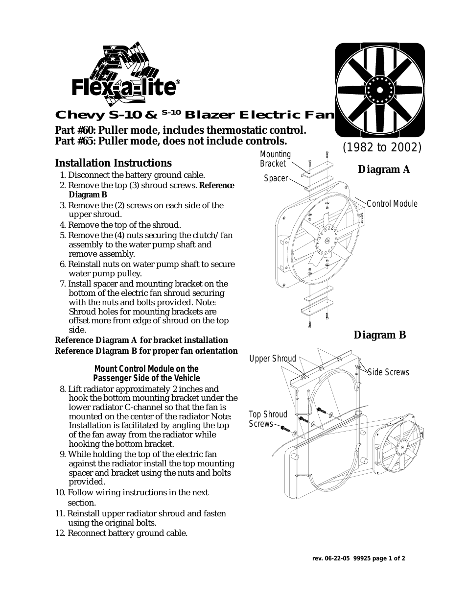 65: Puller mode, does not include controls Chevy S-10 & S-10 Blazer Electric Fan