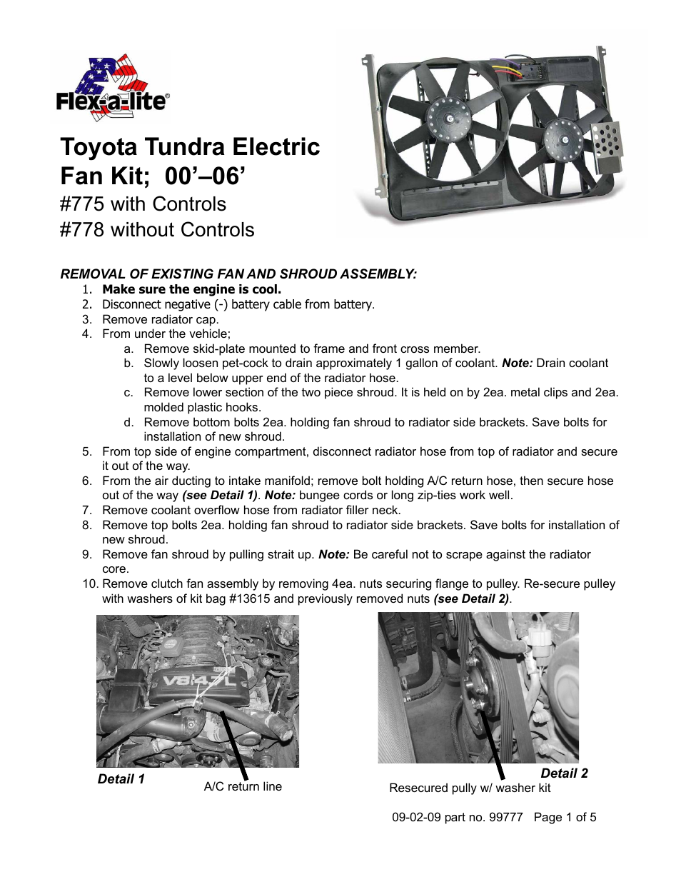 775 with Controls Toyota Tundra Electric Fan Kit; 00-06