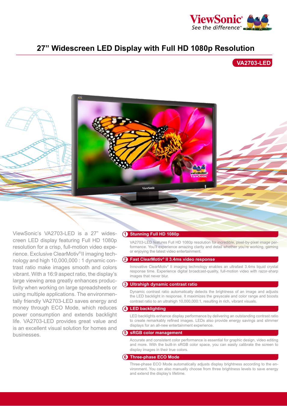 27" Widescreen LED Display with Full HD 1080p Resolution VA2703-LED