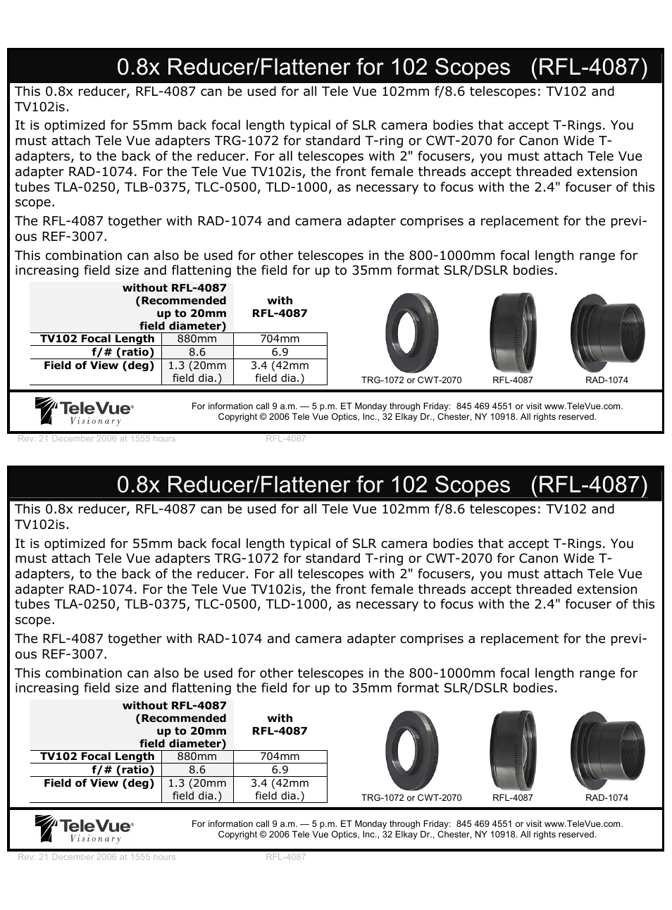 0.8x Reducer/Flattener for 102 Scopes (RFL-4087)