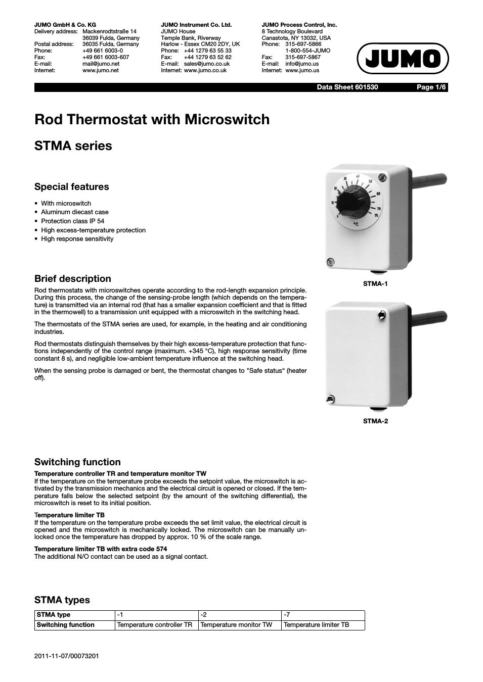601530 Rod Thermostat Data Sheet