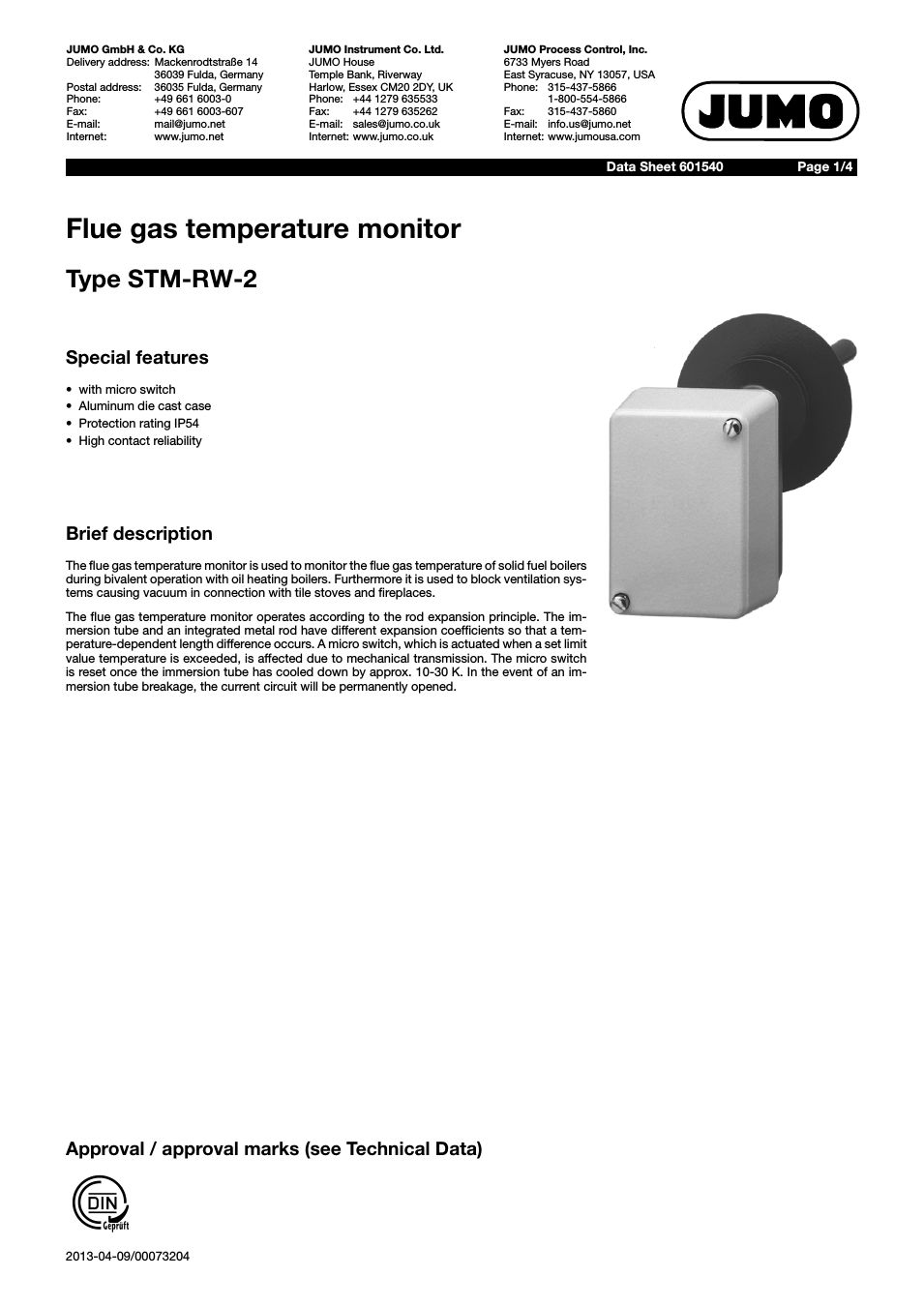 60.1540 Flue gas temperature monitor, STM-RW-2 Data Sheet
