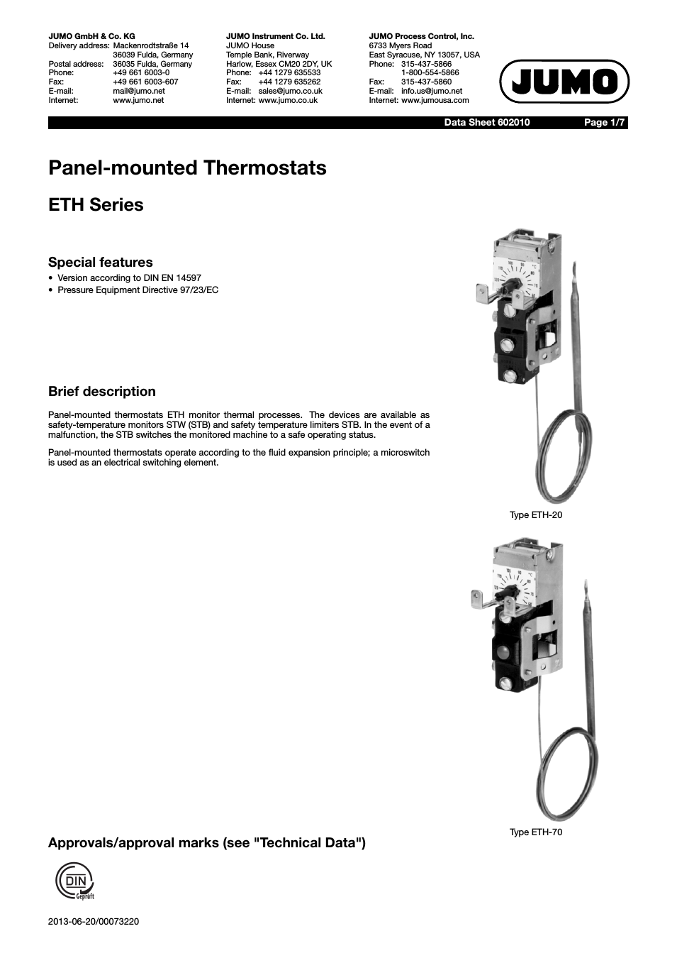 60.2010 Panel-mounting thermostats, ETH Data Sheet