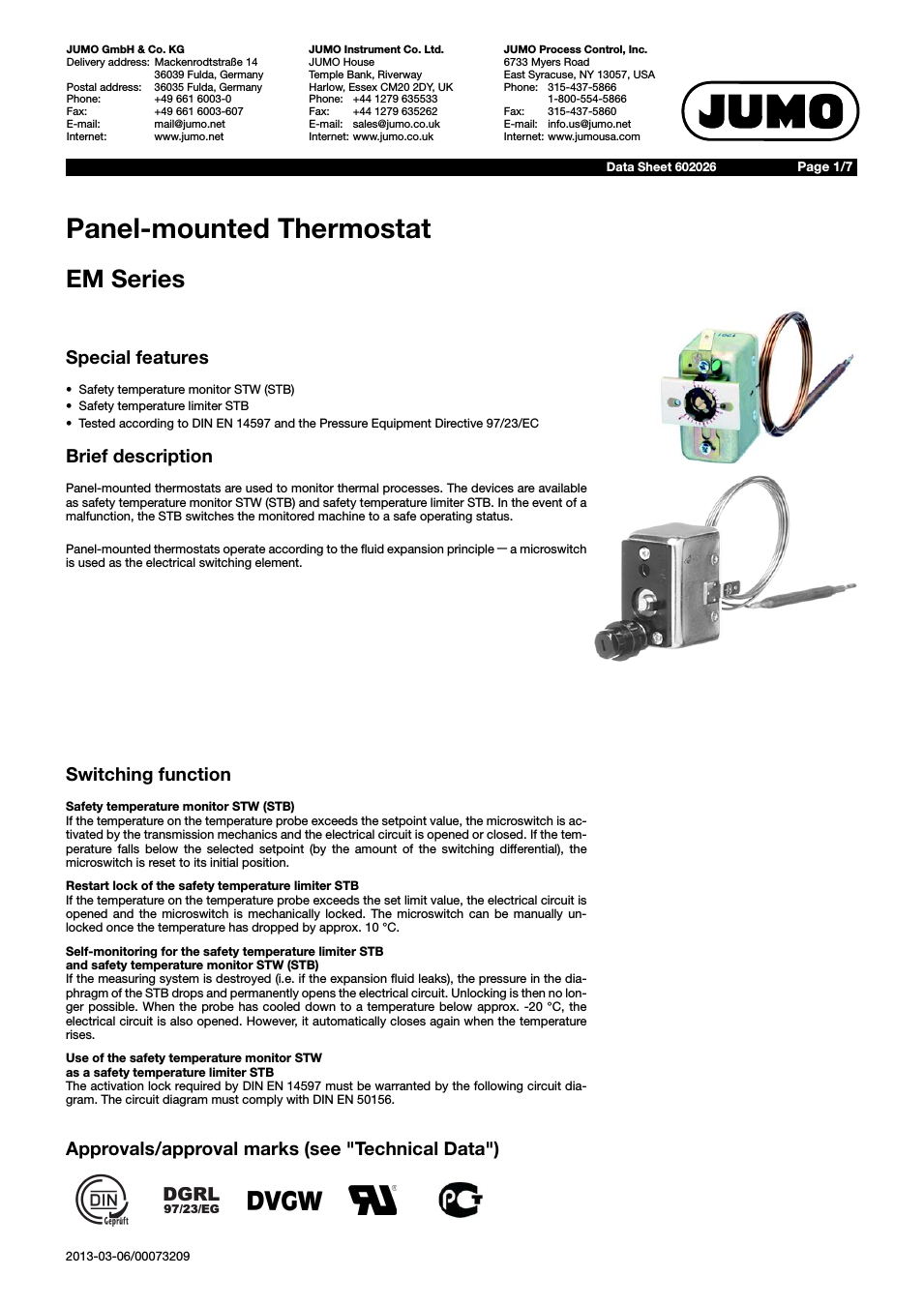 60.2025 Panel-mounting thermostat, EM, up to 650C Data Sheet