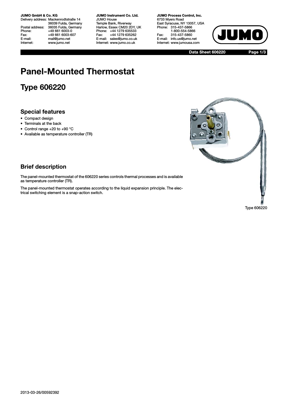 602031 Panel-Mounted Thermostat Data Sheet