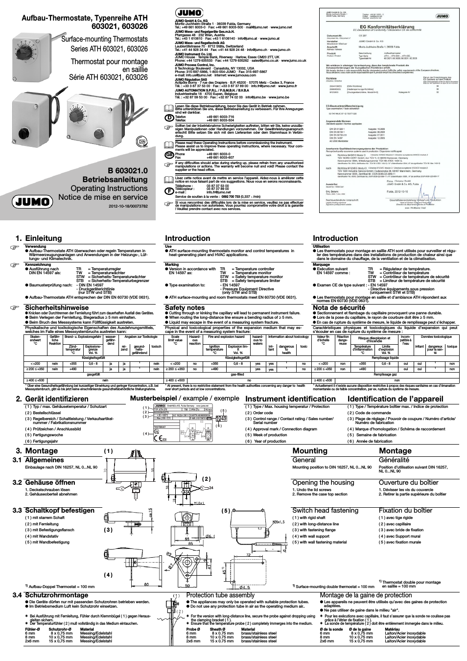 603021 Surface-Single Mounted Thermostat, ATH series Operating Manual