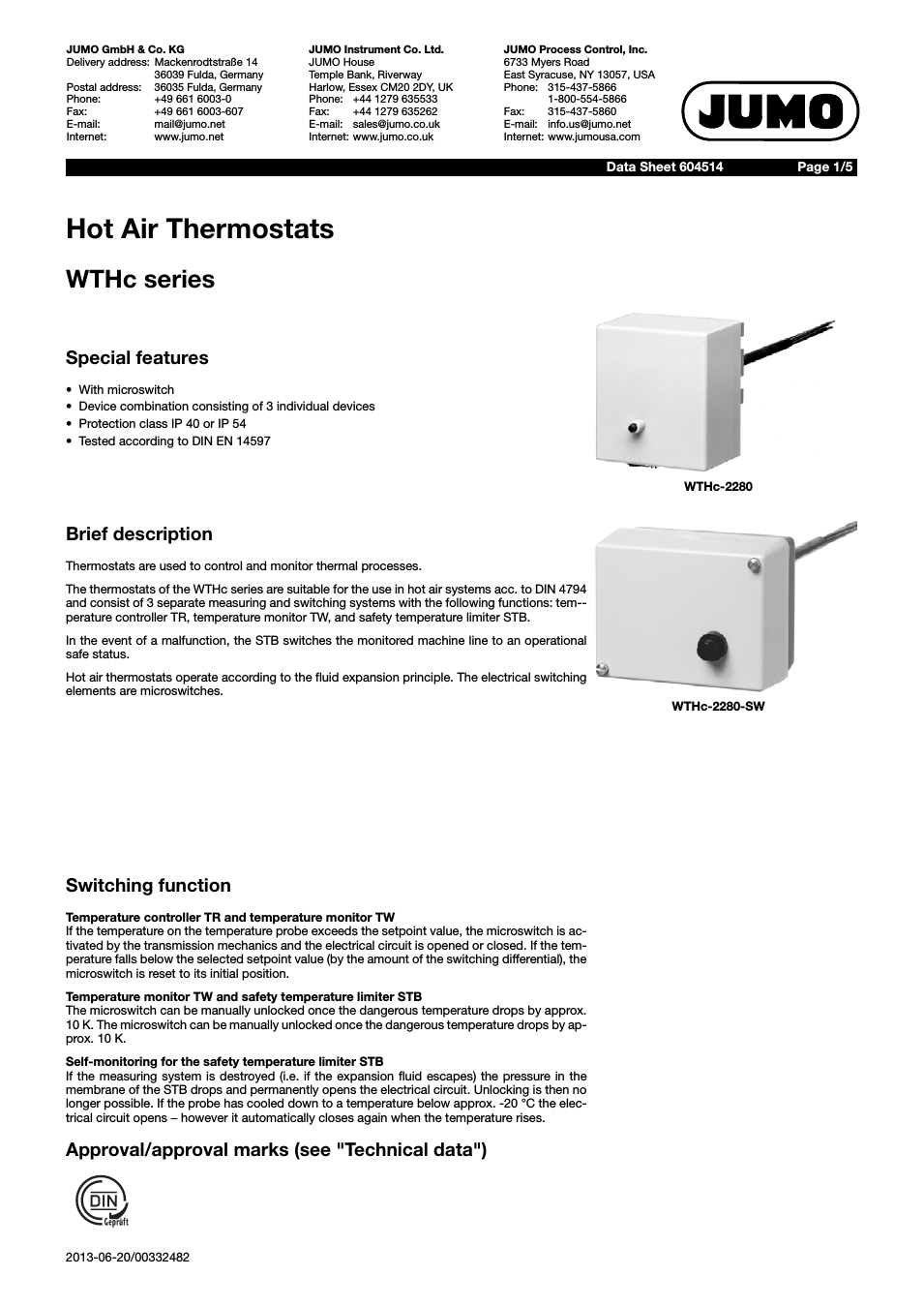 60.4514 Hot air thermostats, WTHc Data Sheet