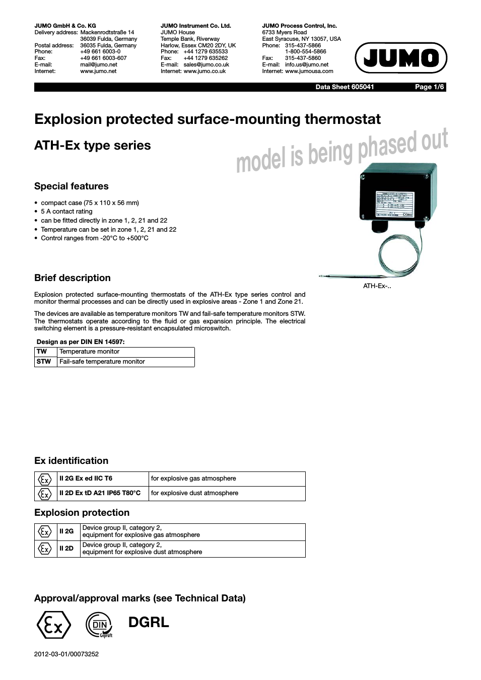 605041 Explosion-protected surface-mounting thermostat, ATH-EX Data Sheet