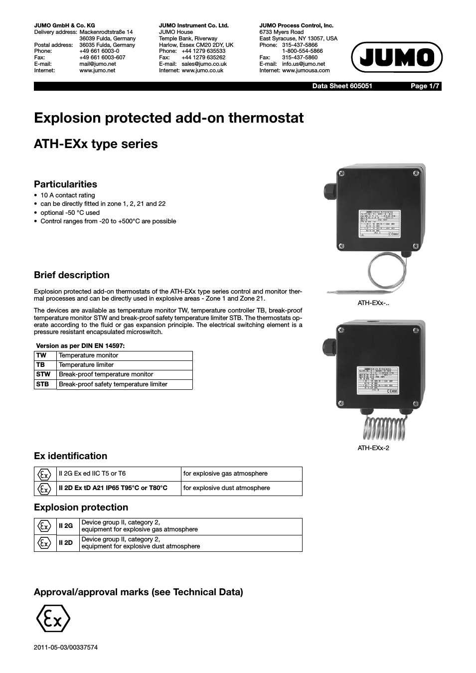 60.5051 Explosion-protected surface-mounting thermostat, ATH-EXx Data Sheet