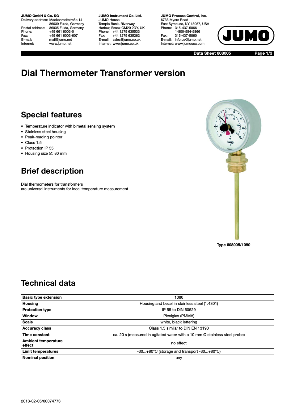 60.8005 Dial thermometer, transformer version Data Sheet