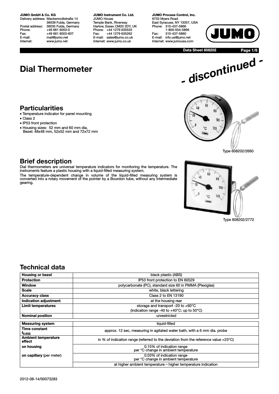 608202 Dial Thermometer Data Sheet