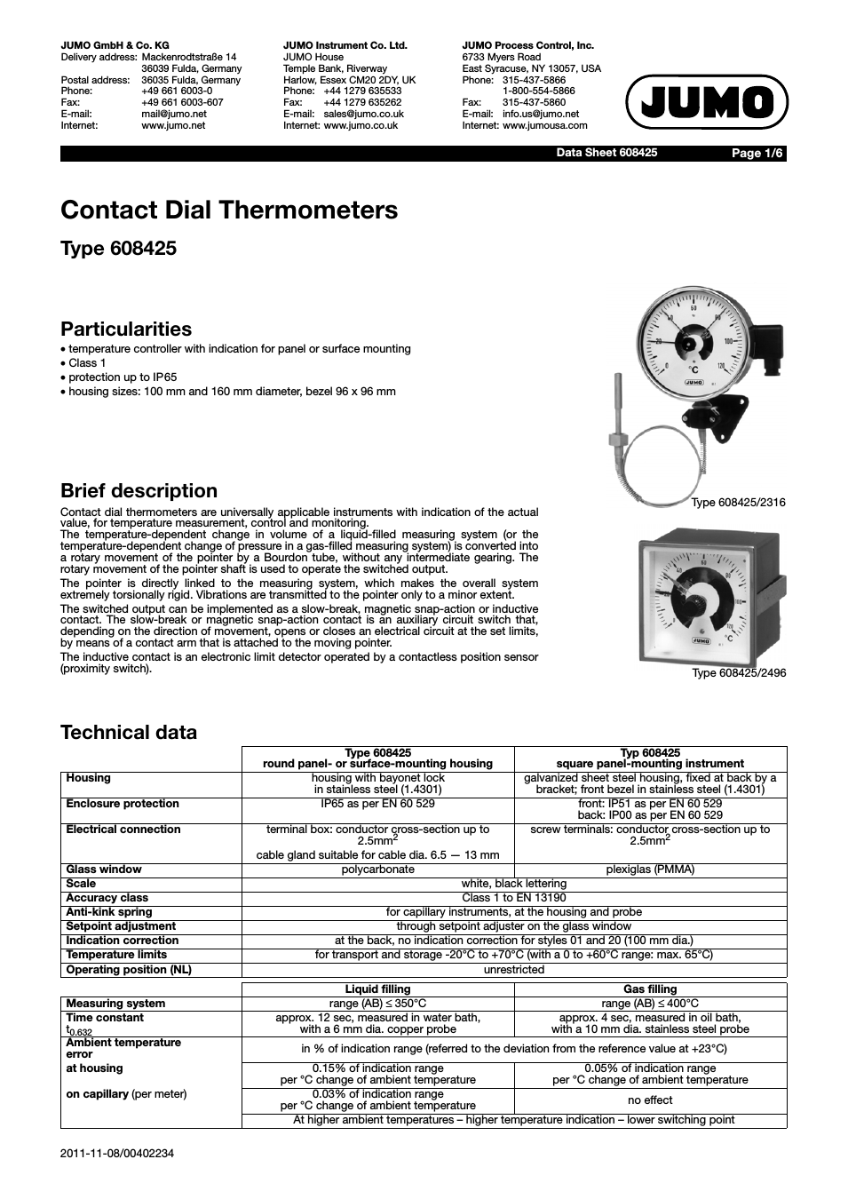 60.8425 Contact dial thermometer Data Sheet