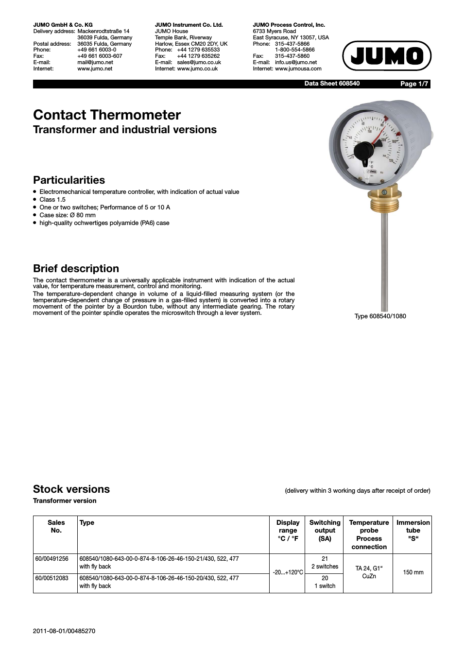 60.8540 Contact dial thermometer Data Sheet