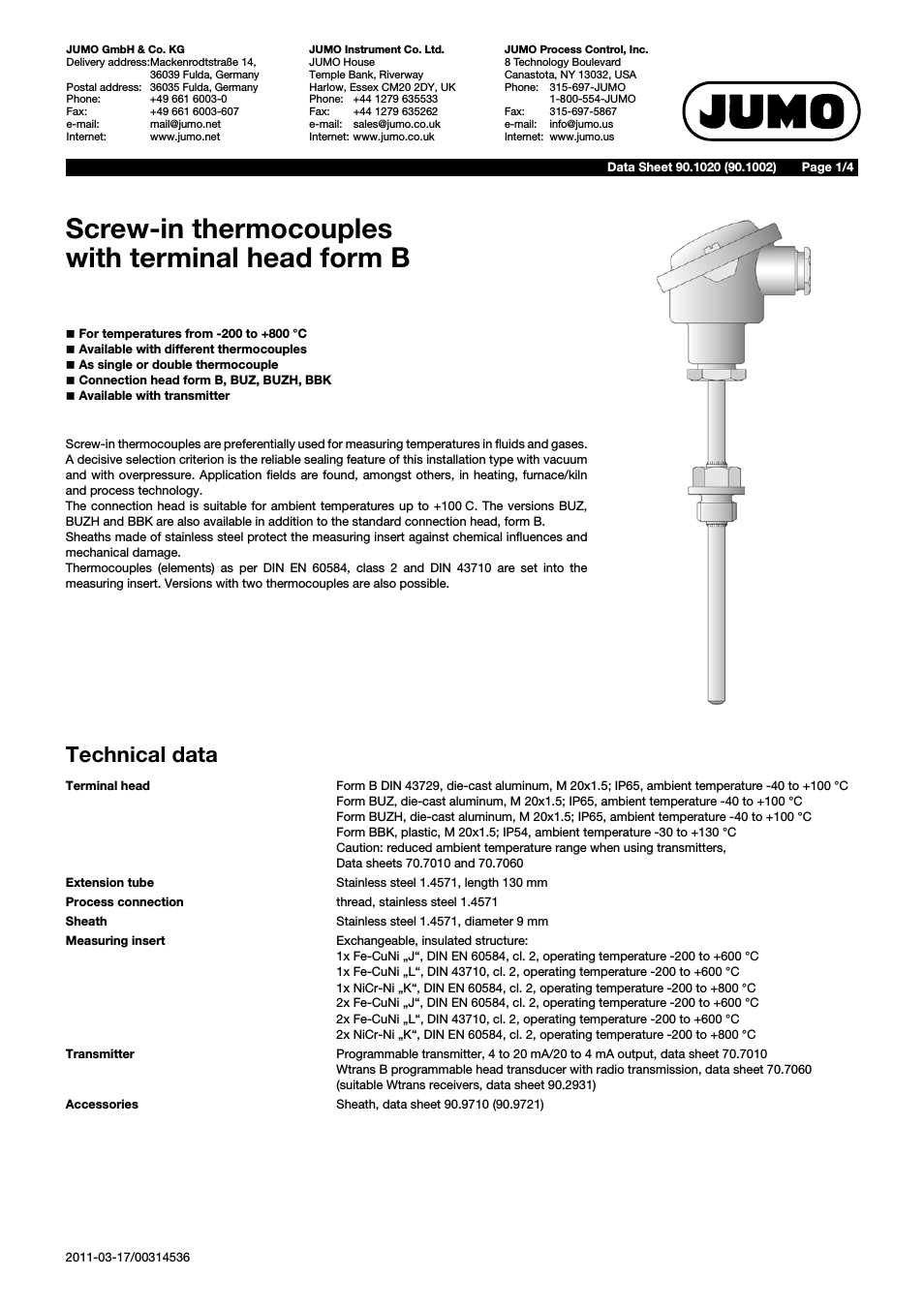 901020 Screw-In Thermocouples with Terminal Head Form B Data Sheet