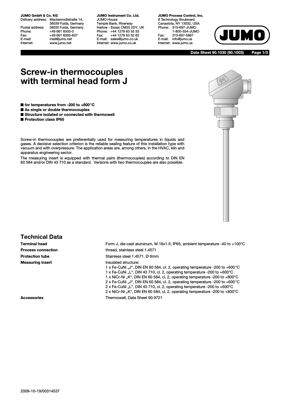 901030 Screw-In Thermocouples with Form J Terminal Head Data Sheet
