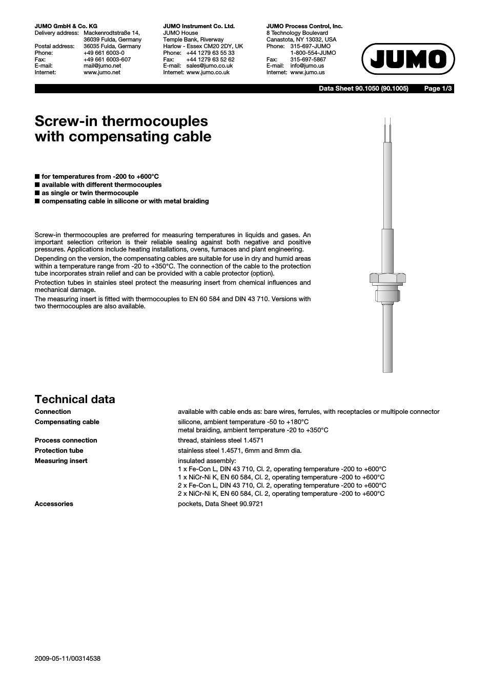 901050 Screw-In Thermocouples with Compensating Cable Data Sheet