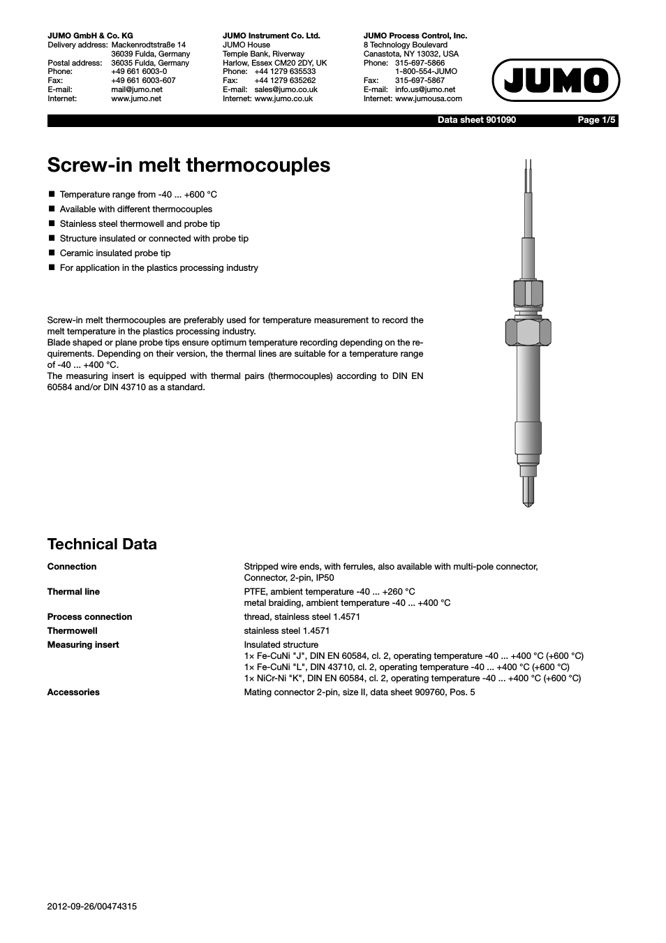 901090 Screw-In Melt Thermocouples Data Sheet