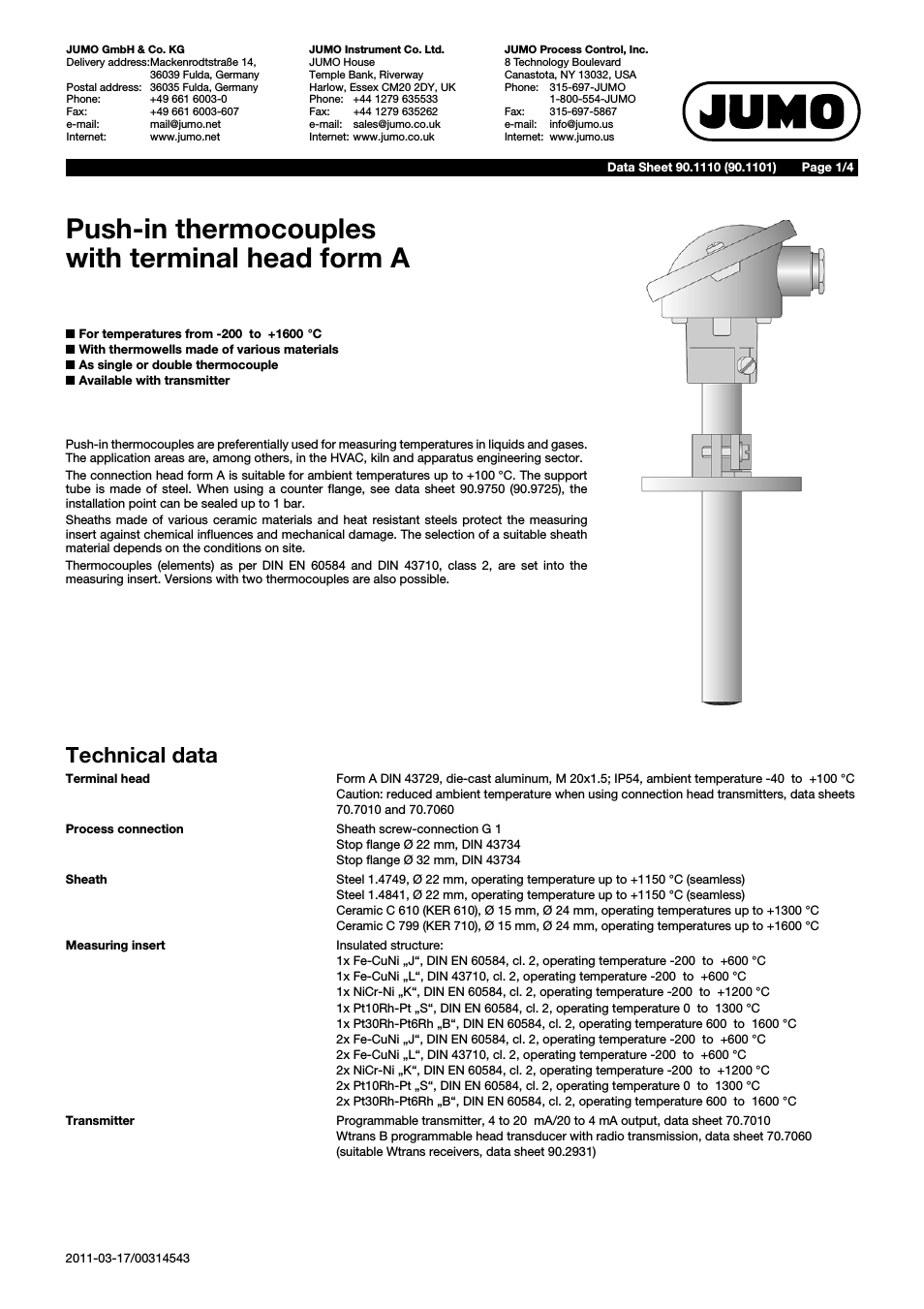 901110 Push-in Thermocouples with Form A Terminal Head Data Sheet