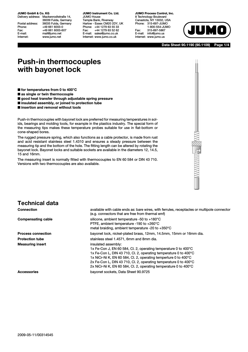 901190 Push-In Thermocouples with Bayonet Connection Data Sheet