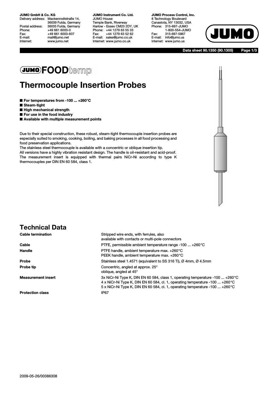 901350 FOODtemp Insertion Thermocouples Data Sheet