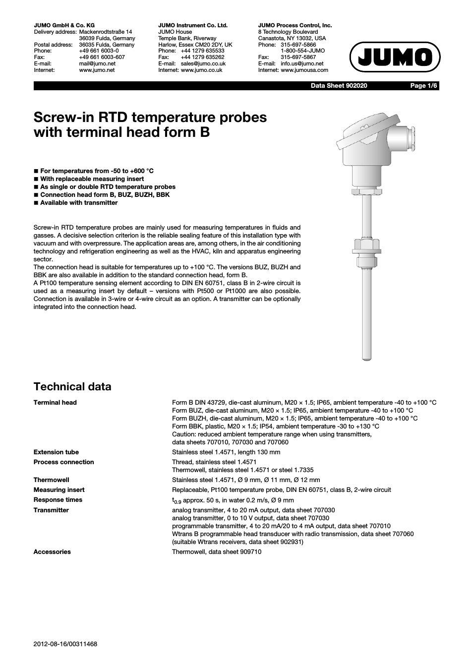 902020 Screw-in RTD Temperature Probe with Form B Terminal Head Data Sheet