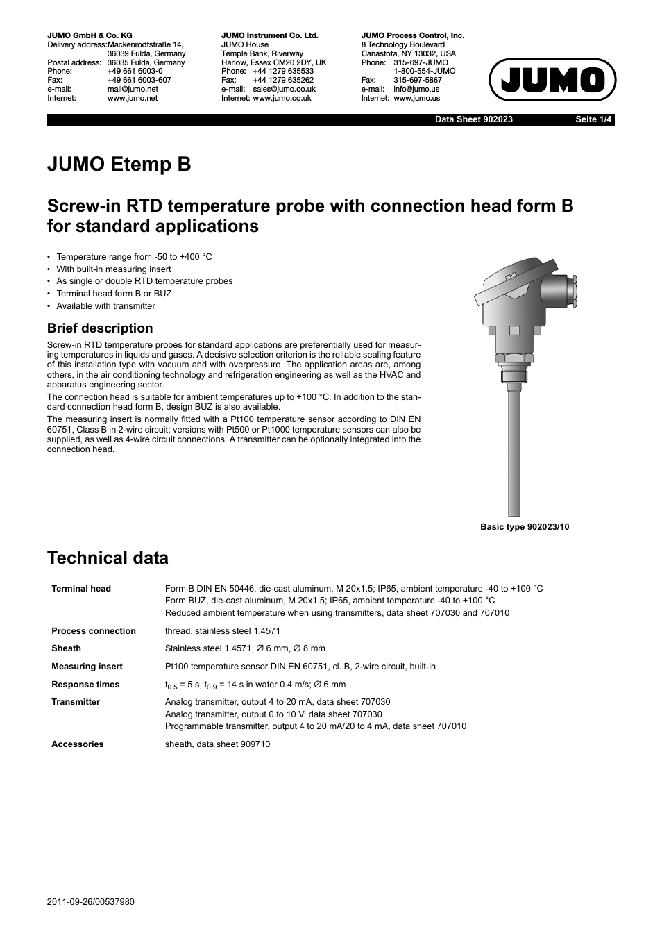 902023 Etemp B, Screw-In RTD Temperature Probe with Form B Terminal Head for Standard Applications Data Sheet