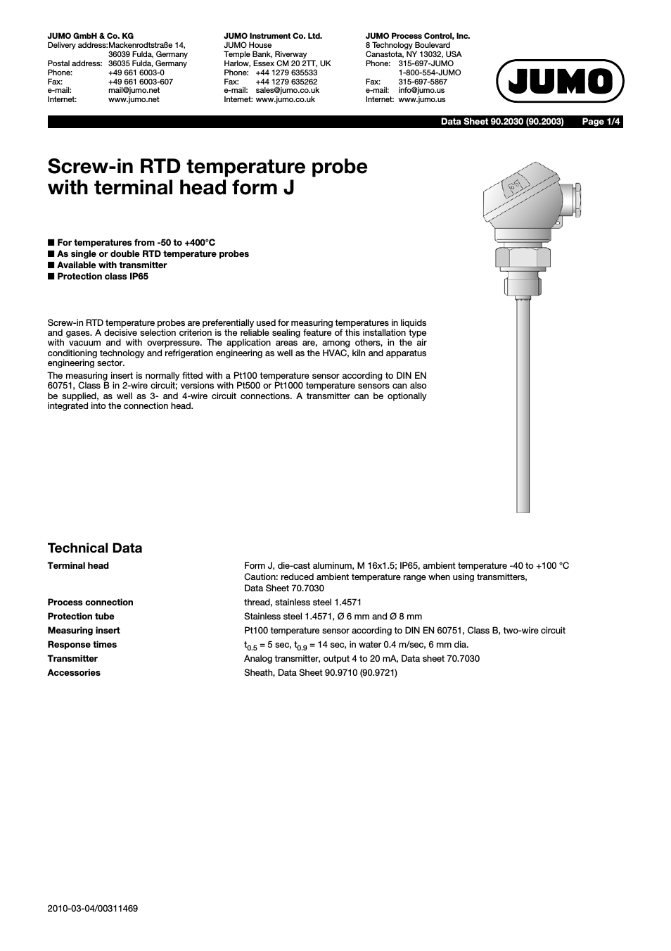 902030 Screw-in RTD Temperature Probe with Form J Terminal Head Data Sheet