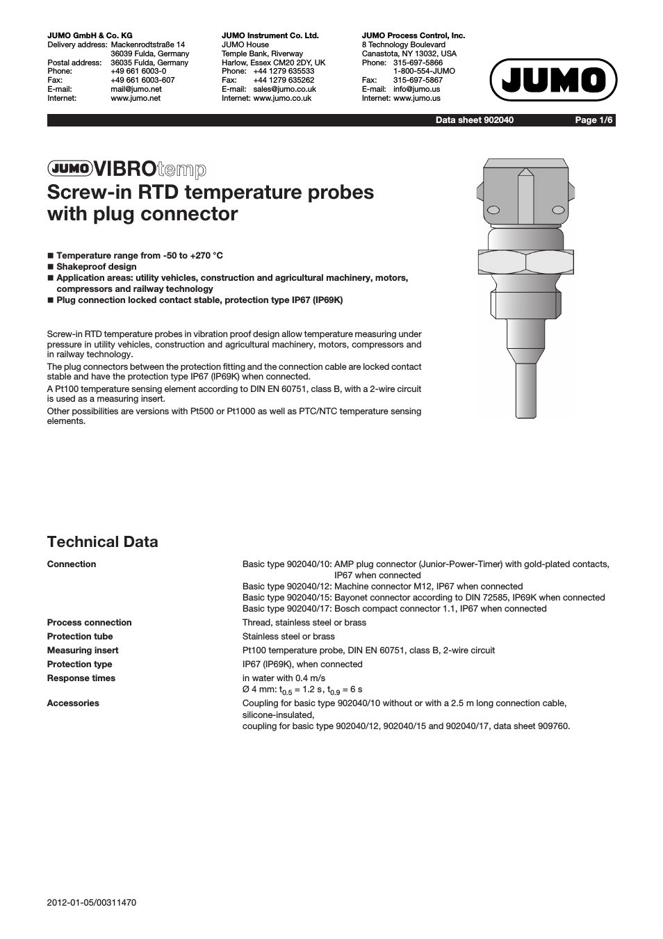 902040 VIBROtemp Screw-In RTD Temperature Probe with Plug Connector Data Sheet