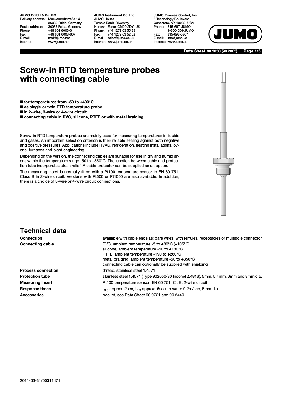 902050 Screw-In RTD Temperature Probe with Connecting Cable Data Sheet