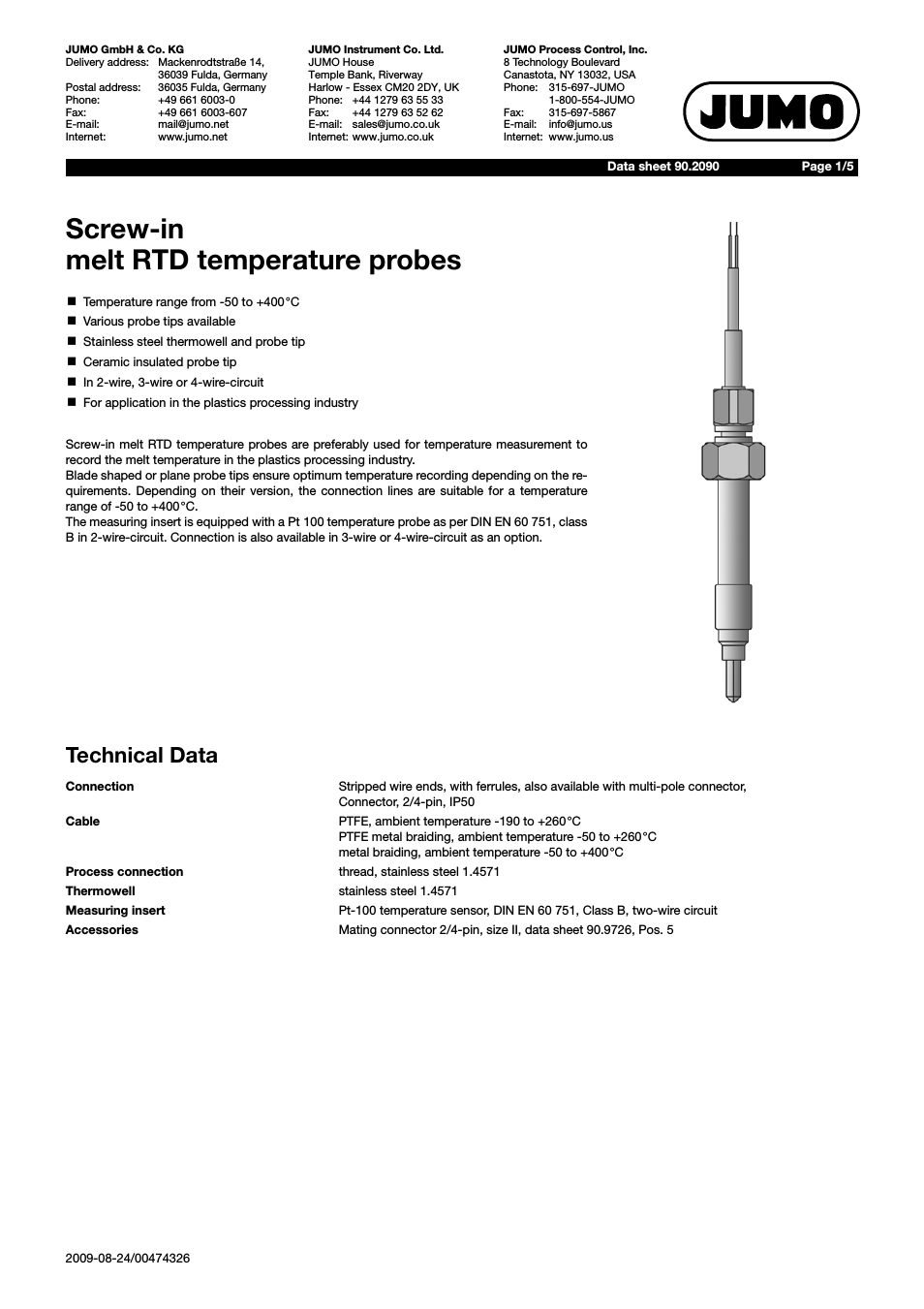 902090 Screw-In Melt RTD Temperature Probe Data Sheet