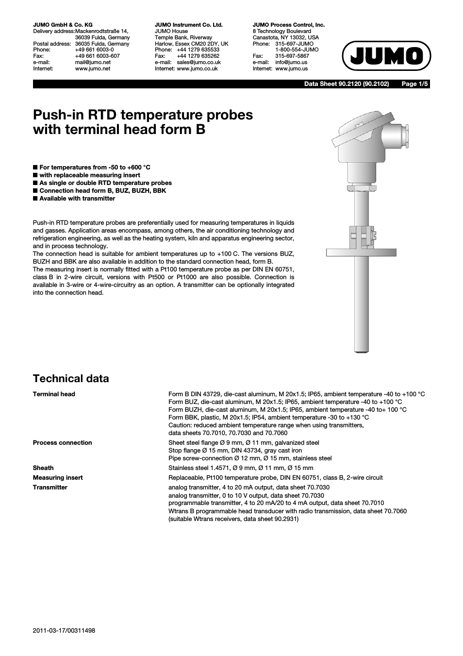 902120 Push-in RTD Temperature Probe with Form B Terminal Head Data Sheet