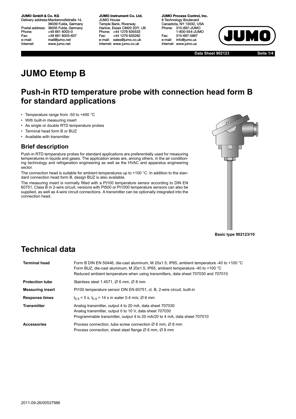 902123 Etemp B Push-In RTD Temperature Probe with Terminal Head Form B for Standard Applications Data Sheet