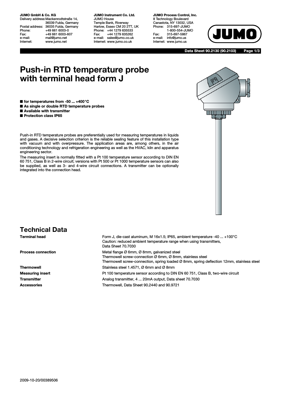 902130 Push-In RTD Temperature Probe with Form J Terminal Head Data Sheet