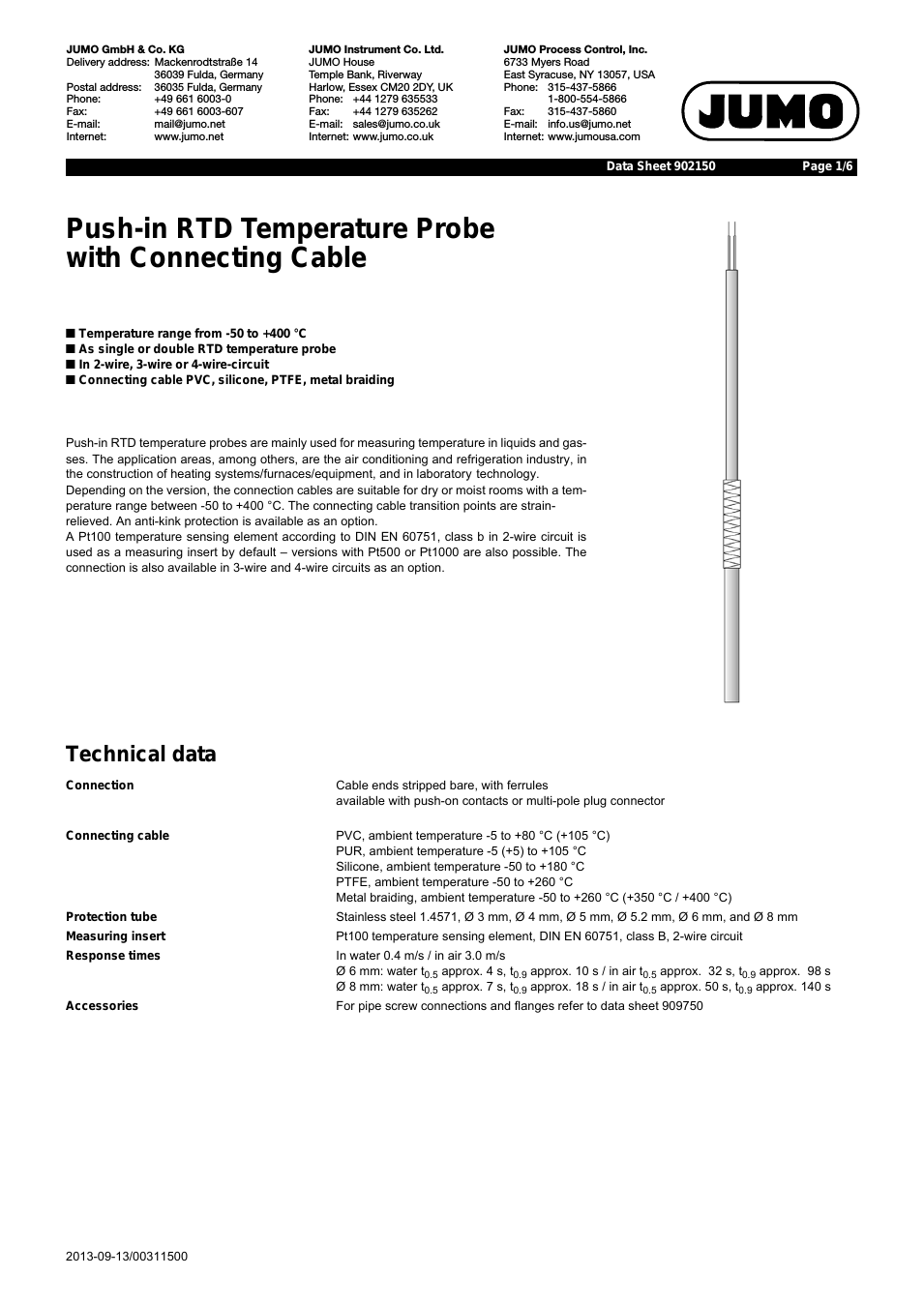 902150 Push-In RTD Temperature Probe with Connecting Cable Data Sheet