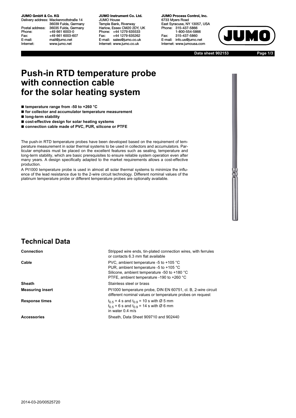 902153 Push-In RTD Temperature Probe with Connecting Cable for Solar Thermal Systems Data Sheet
