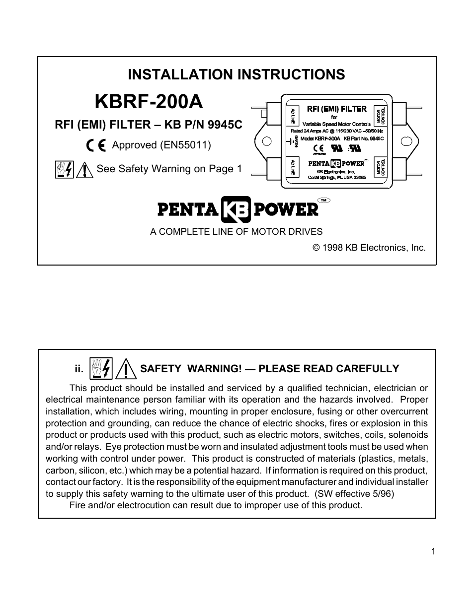 KBRF-200A CE Approved AC Line Filter for SCR Controls (Class A)