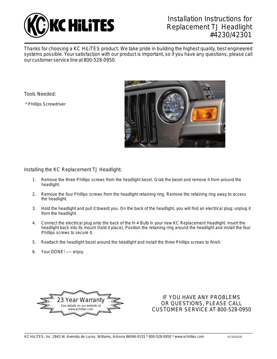 KC #4230_42301 Replacement TJ Headlight Instructions
