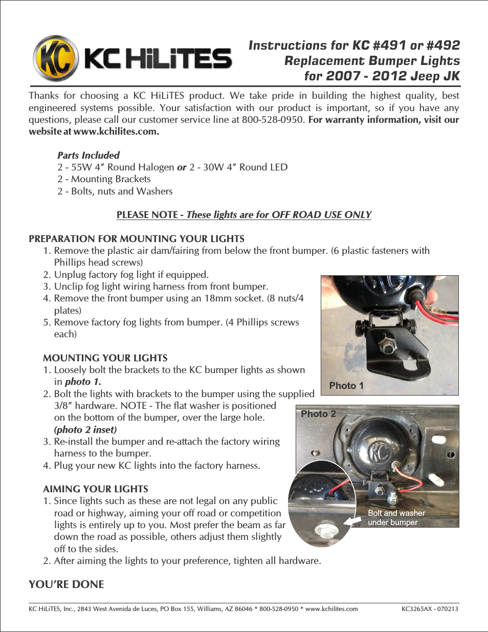 KC #492 Replacement Bumper Lights for 2007 - 2012 Jeep JK Instructions