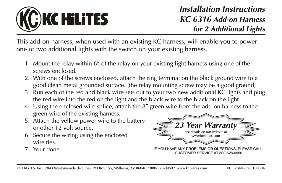 KC #6316 Add-on Harness for 2 Additional Lights Installation