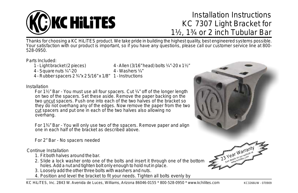 KC #7307 Light Bracket for 1½, 1¾ or 2 inch Tubular Bar Installation