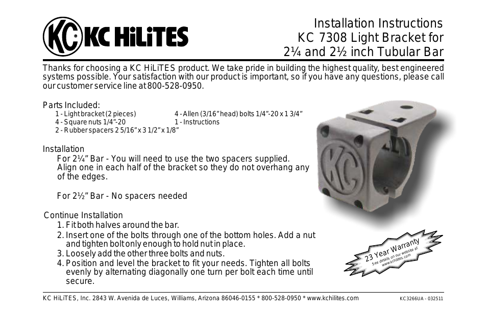 KC #7308 Light Bracket for 2¼ and 2½ inch Tubular Bar Installation