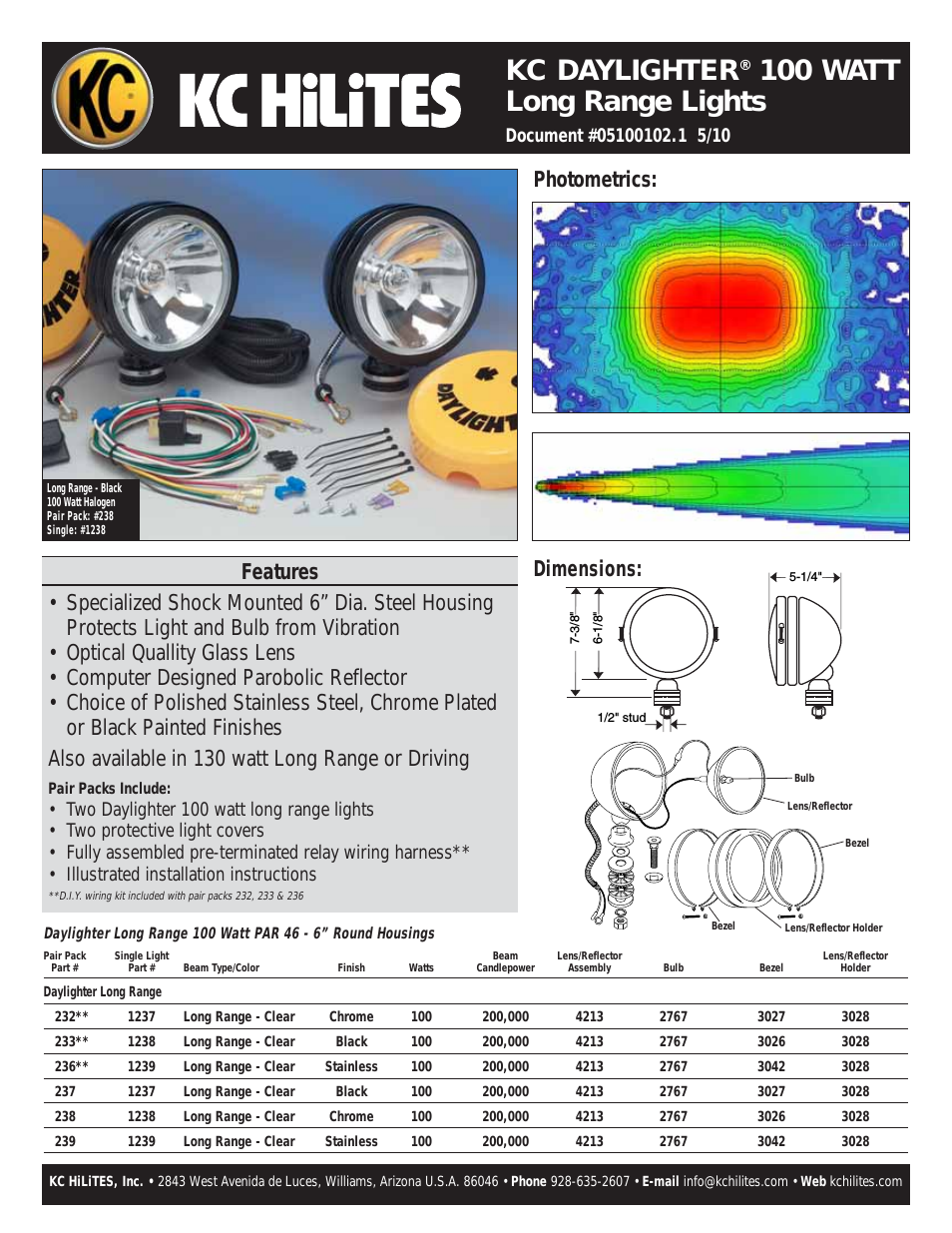 KC DAYLIGHTER 100 WATT Long Range Lights Data Sheet