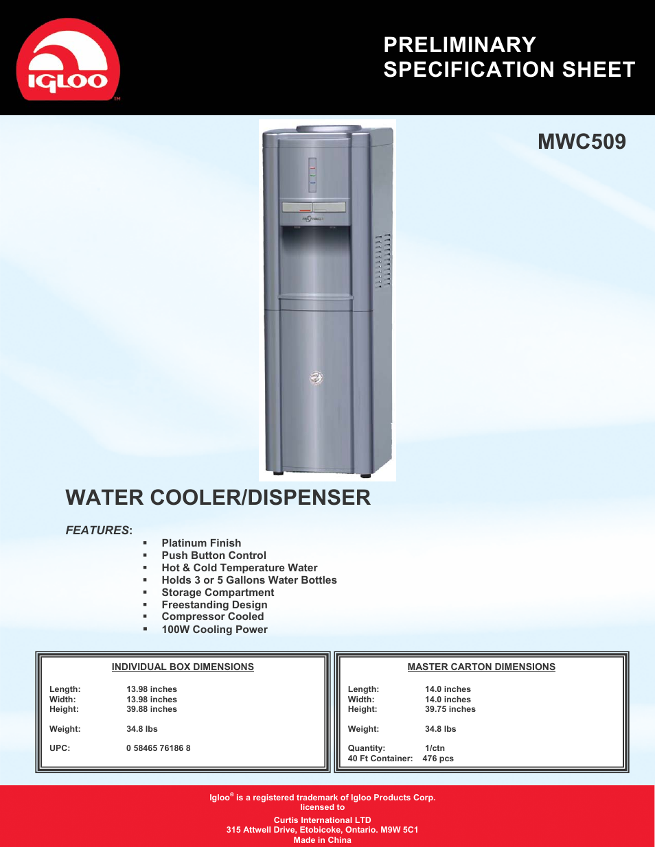 Water Cooler/Dispenser MWC509