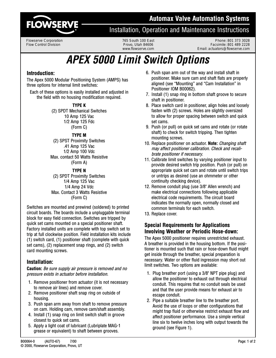 APEX 5000 Limit Switch Options